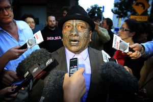 Tame Iti outside the High Court after the trial verdict. Photo / Greg Bowker