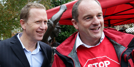 David Shearer (right) pictured with Greens co-leader Russel Norman, fronted the hikoi on asset sales, though he gained nothing from it. Picture / APN