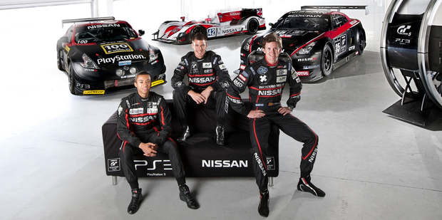 The 2011 Gran Turismo Academy winner Jann Mardenborough (left) shares the limelight with winners from previous years Jordan Tresson (2010) and (right) Lucas Ordonez (2008). Photo / Supplied