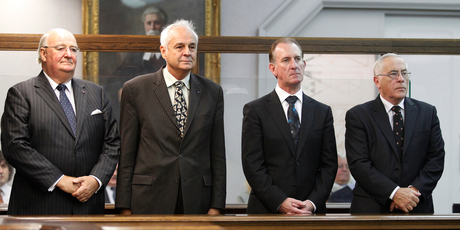 Lombard Finance and Investments directors, from left, Lawrence Bryant, William Jeffries, Michael Reeves and Sir Douglas Graham standing in the dock during their sentencing. Photo / Mark Mitchell