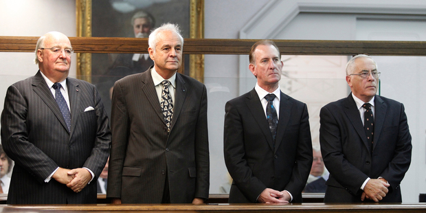 Lombard Finance and Investments directors, from left, Lawrence Bryant, William Jeffries, Michael Reeves and Sir Douglas Graham standing in the dock during their sentencing. Photo / Mark Mitchell