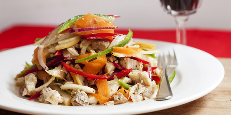 Nashi, pork belly and fennel salad. Photo / Babiche Martens