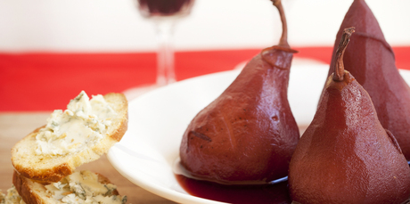 Red wine poached pears with blue cheese brioche. Photo / Babiche Martens