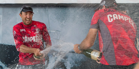 Camper sailors Andrew Mclean and Rob Salthouse celebrate in Miami at the end of leg six. Photo / Chris Cameron