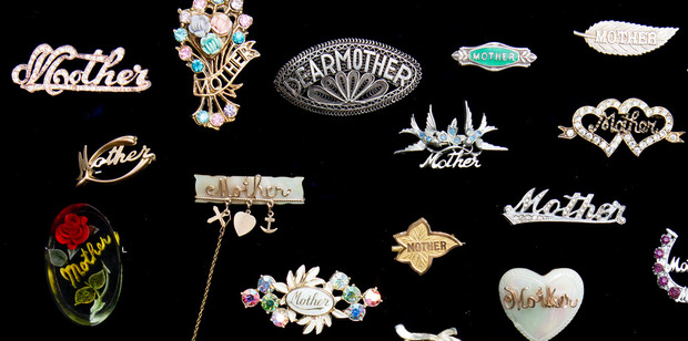 Nicky Donoghue's collection of 'mother' brooches. Photo / Babiche Martens