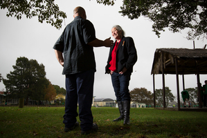 Jay, with Elaine Dyer from Violence Free Waitakere, takes his anti-bullying message to a Henderson school. Photo / Greg Bowker