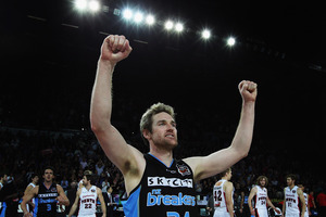 Dillon Boucher of the Breakers celebrates after winning game one of the NBL Grand Final series. Photo / Getty Images