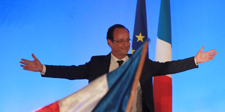 President-elect Francois Hollande waves after delivering his speech in Tulle, central France. The euro has dropped off the back of defeats by the ruling parties in France and in Greece. Photo / AP
