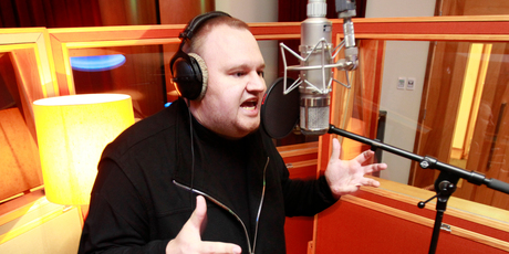 Kim Dotcom works a new track to his rap album at Neil Finn's Roundhead Studios in the Auckland suburb of Newton. Photo / Steven McNicholl