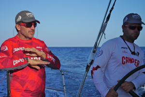 Will Oxley and Chris Nicholson ponder the tactical challenges in leg six. Photo / ETNZ