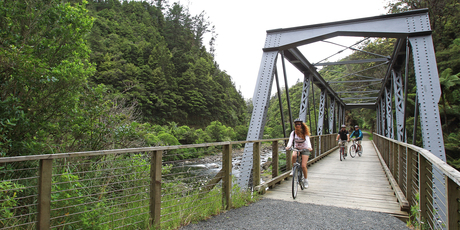Take in the sights riding through the Karangahake Gorge. Photo / Greg Bowker