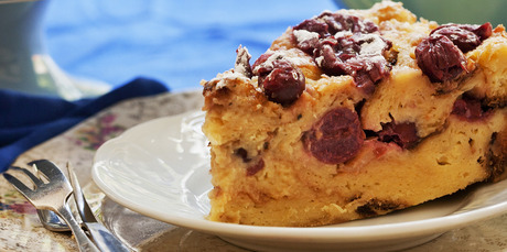 Cherry bread and butter pudding cake. Photo / Babiche Martens