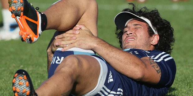 Rene Ranger stretches during an Aucland Blues Super Rugby training session at Unitec. Photo / Getty Images.
