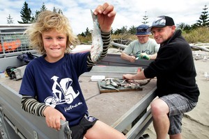 Conor White, 10, shows off a bait-fish he caught at Tolaga Bay while his dad, Mike (right) and Geoff Meade prepare a longline. Photo / Alan Gibson