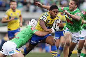 Chris Sandow of the Eels is tackled during the round 10 NRL match between the Canberra Raiders and the Parramatta Eels. Photo / Getty Images.
