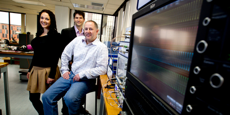 Sasha Rifaat, Iannick Monfils and Andy Stevens are part of Auckland University spin-off company Southern Photonics. Photo / Dean Purcell