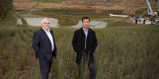 Todd Property Group chief executive Evan Davies (left) and senior development manager Stephen Martin at the site on Auckland's northern outskirts. Picture / Greg Bowker