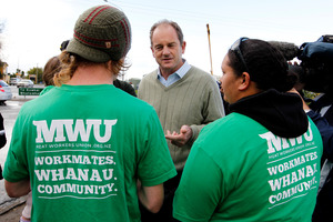 David Shearer talks to locked-out Affco workers on the picket line at Horotiu. Photo / Christine Cornege