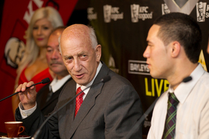 The involvement of Sir Bob Jones (centre) is boosting the profile of Joseph Parker (right) already. Photo / Steven McNicholl