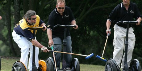 Steve Wozniak (L) in his 2006 Segway Polo tournament. He is playing against NZ tech entrepreneur Rod Drury (C) and Rodney Prescott. Photo / Brett Phibbs