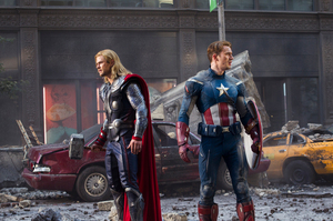 Thor (Chris Hemsworth) and Captain America (Chris Evans) join forces in The Avengers. Photo / Supplied