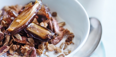 Date and pecan toasted muesli with banana milk. Photo / Chris Court