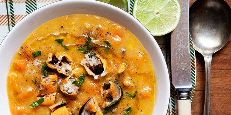Creamed kumara with mussels and lime. Photo / Babiche Martens