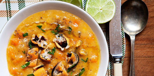 Creamed kumara with mussels and lime. Photo / Babiche Martens