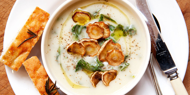 Roasted parsnip and spinach soup. Photo / Babiche Martens