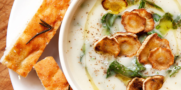 Roasted parsnip and spinach soup. Photo / Babiche Martens