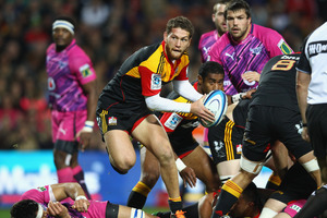 Tawerau Kerr-Barlow of the Chiefs leaps over a maul. Photo / Getty Images