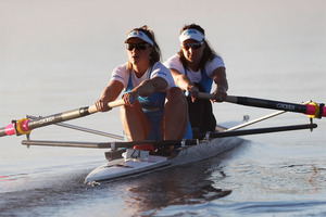 Women's pair Rebecca Scown (L) and Juliette Haigh (R) out on the water. Photo / Christine Cornege.