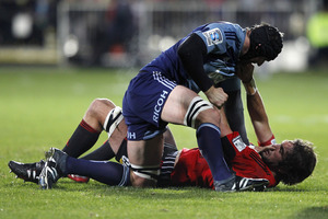 Ali Williams locked horns with Sam Whitelock last night. Photo / Getty Images