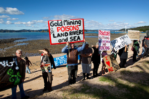 Protestors marched along the waterfront in Paihia and over the bridge to Waitangi. Photo / Sarah Ivey