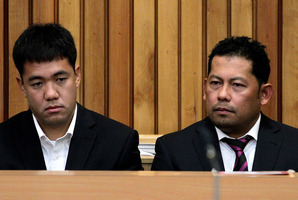 Leonil Relon (L), Navigation Officer, and Mauro Balomaga, Captain of the container ship MV Rena during an earlier appearance in the Tauranga District Court today. Photo / Alan Gibson.