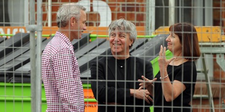 Host Mark Richardson with The Block NZ judges Stewart Harris and Victoria Bidwell in Takapuna. Photo / Janna Dixon