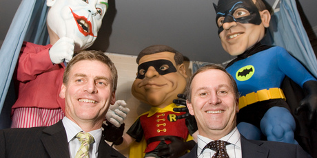 Bill English often plays Batman to John Key's Robin when they take the Budget show on the road each year. Photo / Mark Mitchell