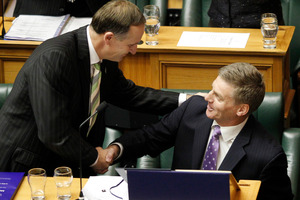 Expect the ritual handshake from Prime Minister John Key to Finance Minister Bill English after his second 'zero' Budget. Photo / Mark Mitchell