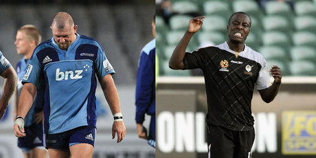 Tony Woodcock of the Blues (left) and Malik Buari of the New Zealand Knights. Photo / Getty Images. Tony Woodcock of the Blues (left) and Malik Buari of the New Zealand Knights. Photo / Getty Images.