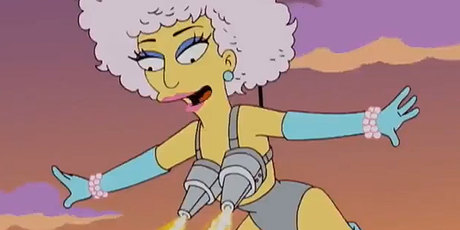 Lady Gaga's shows off her flaming bra during her cameo appearance on The Simpsons. Photo / YouTube