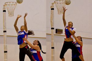Northern Mystics attack team Catherine Latu and Maria Tutaia practice the new lifting tactic. Photo / Dean Purcell