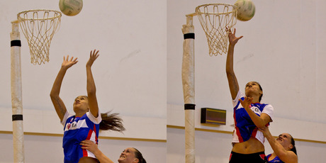 Northern Mystics attack team Catherine Latu and Maria Tutaia practice the new lifting tactic. Photo / Dean Purcell