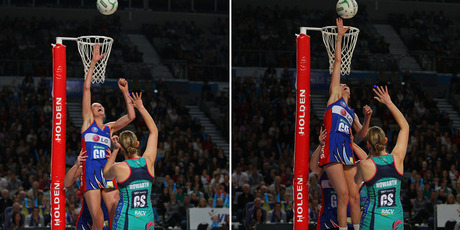 Anna Harrison of the Mystics blocks the shot of Karen Howarth of the Vixens. Photo / Getty Images