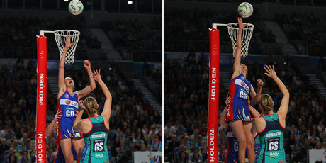 Anna Harrison of the Mystics blocks the shot of Karen Howarth of the Vixens. Photo / Getty Images