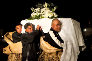 The coffins of So'saia Paasi and his son arrive at the Sacred Heart Church in Ponsonby. Photo / Natalie Slade