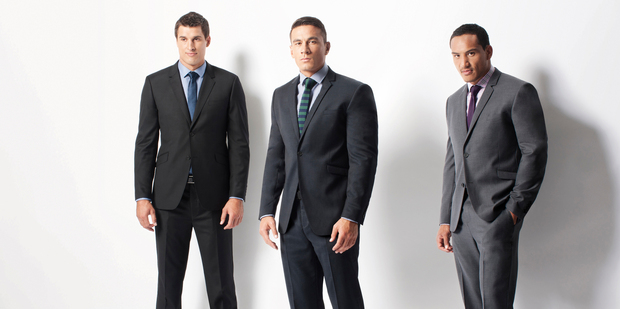 All Blacks (from left) Anthony Boric, Sonny Bill Williams and Hosea Gear wearing Barkers formal wear. Photo / Stephen Tilley