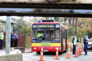 The scene from this morning's bus crash in Woolston. Photo / Geoff Sloan