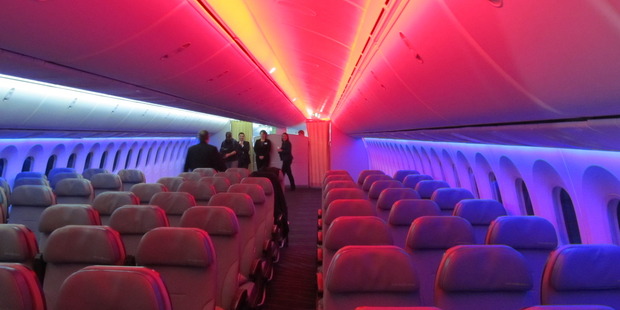The disco-style, coloured lighting on board the new Boeing 787 Dreamliner. Photo / Grant Bradley