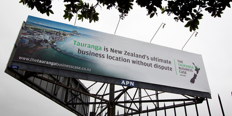 The billboard on Quay St which organisers say is 'tongue-in-cheek fun'. Photo / Sarah Ivey