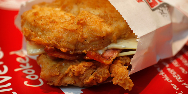 A year after the success of its Double Down burger (pictured) KFC is launching a chicken pie. Photo / Natalie Slade